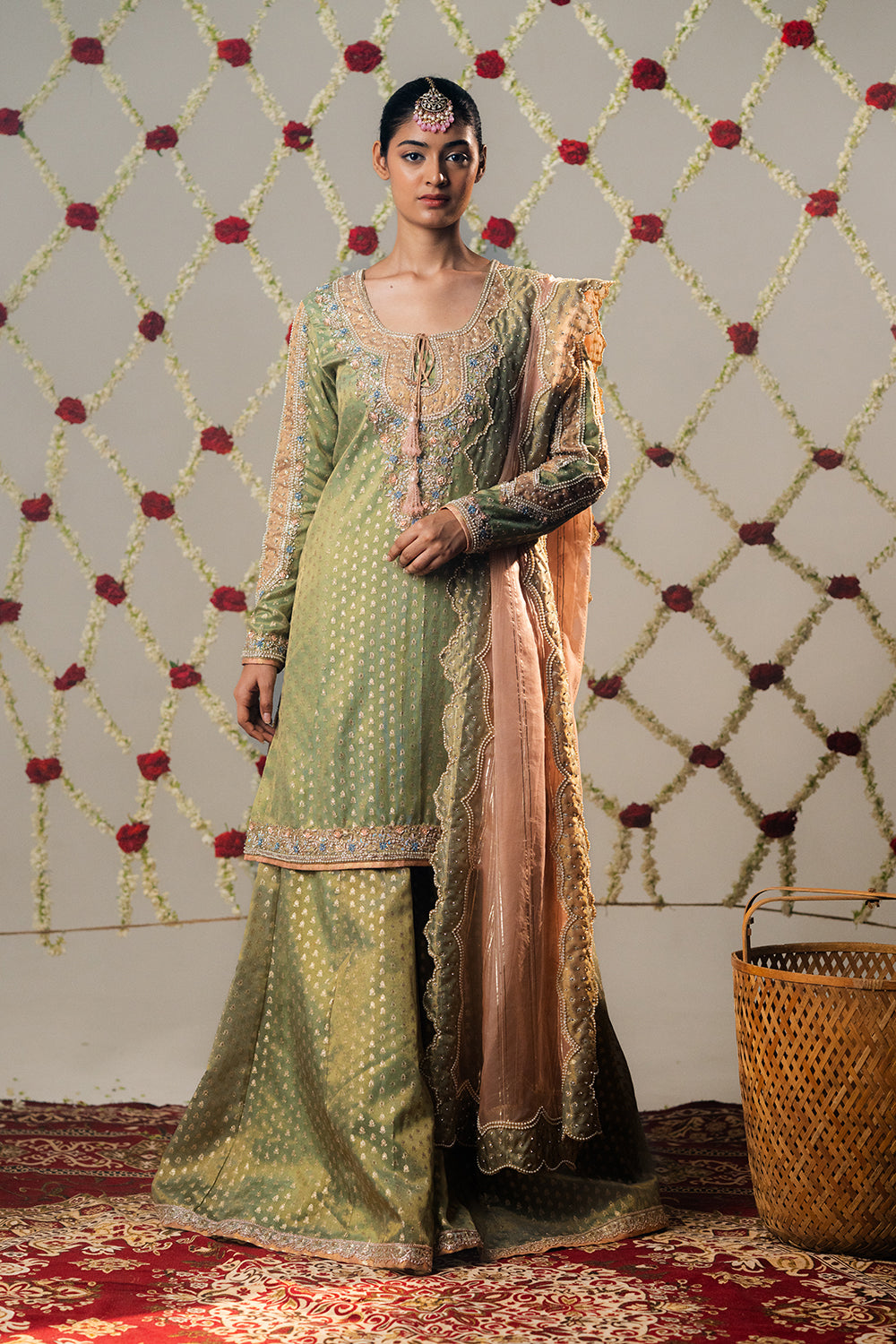Moss Green Booti Tissue Palazzo Set