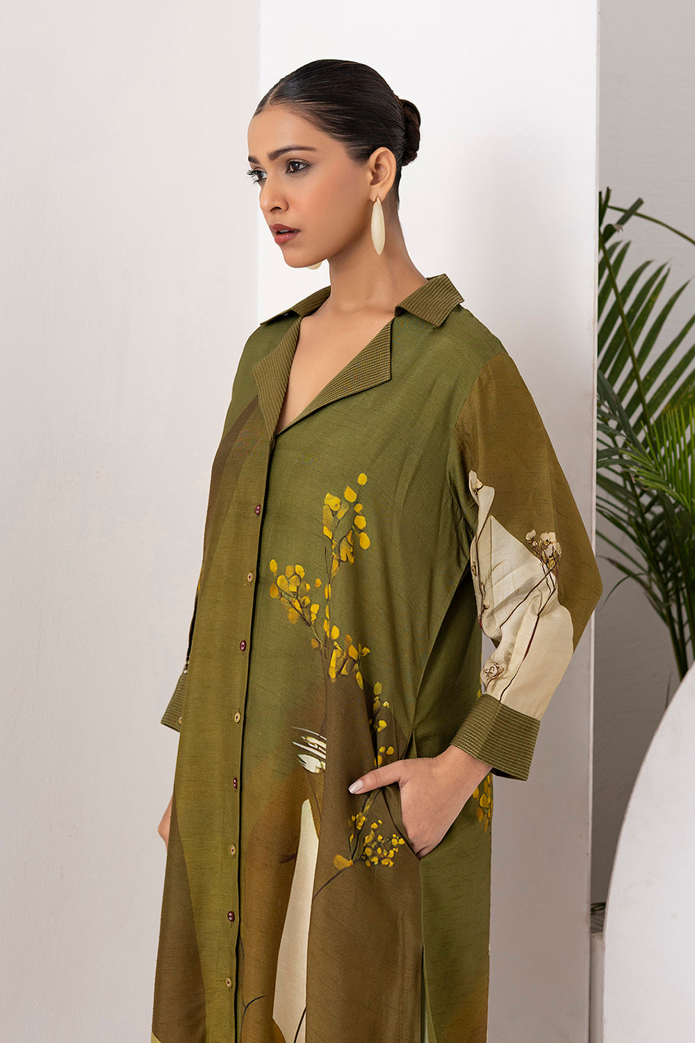 Moss Green Shaded Viscose Dupion Printed Dress