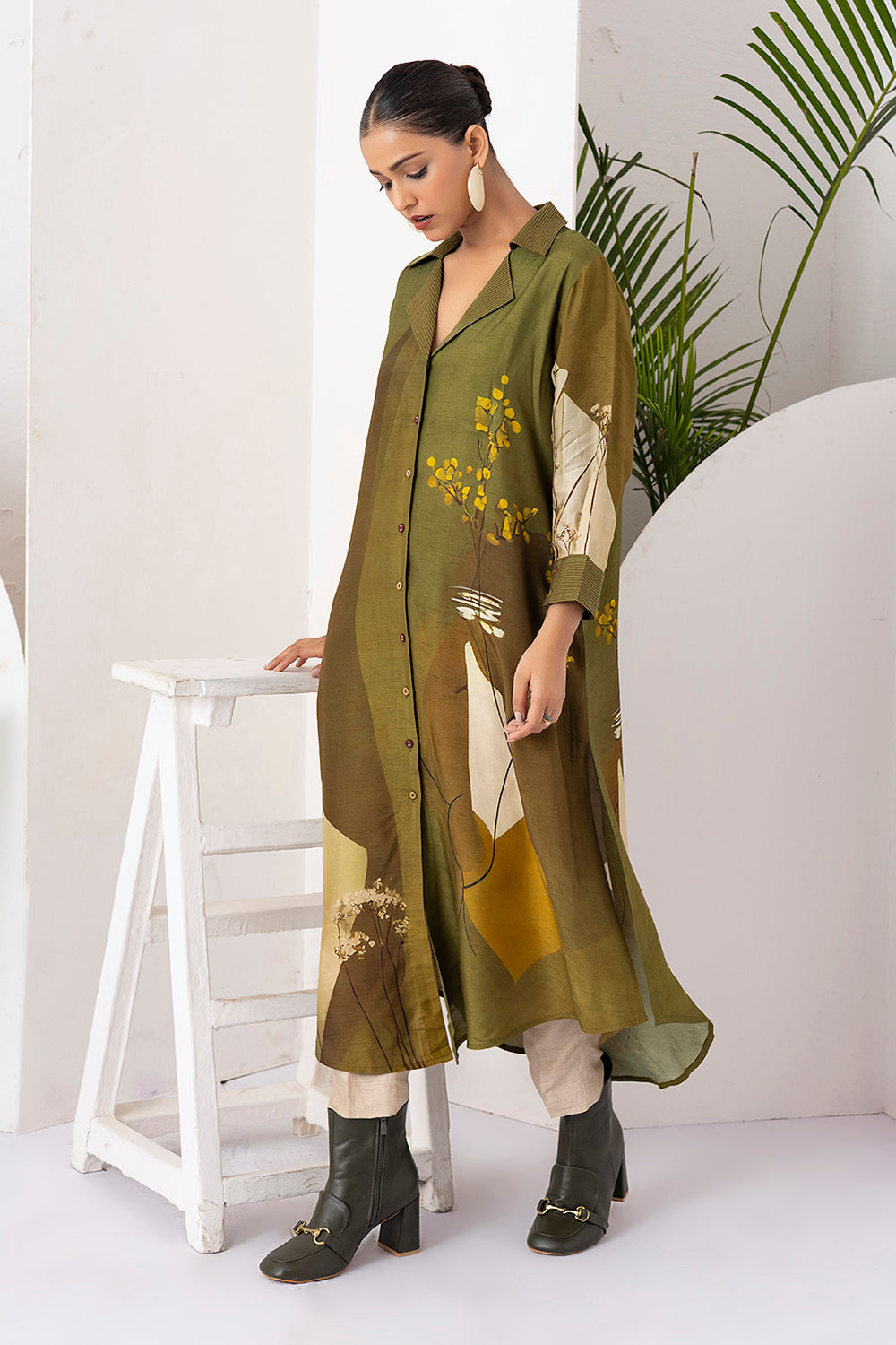 Moss Green Shaded Viscose Dupion Printed Dress