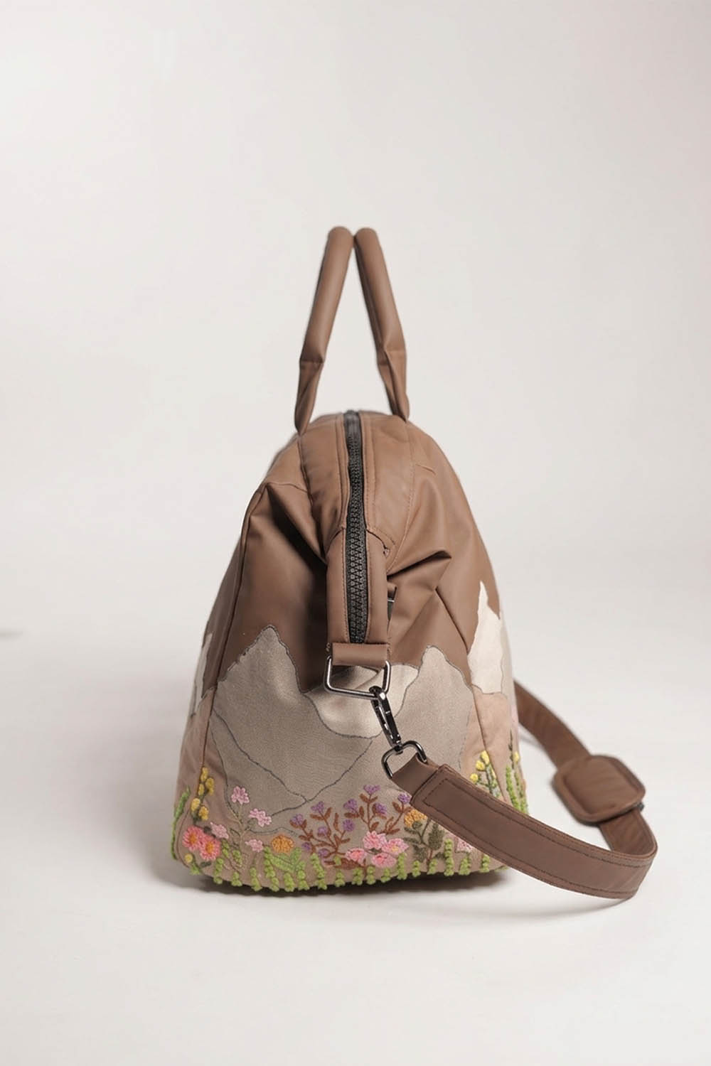 Mountain Patchwork & Embroidered Brown Duffle Bag
