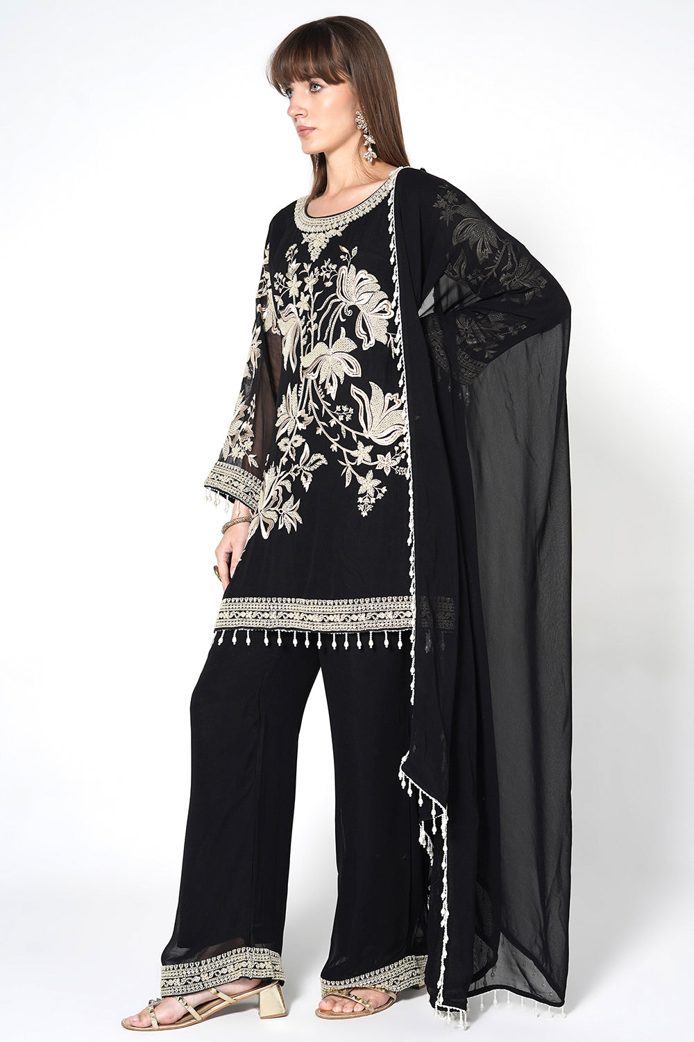 Mouse Grey Georgette Kurta Set With Contrast White Embroidery And Matching Dupatta