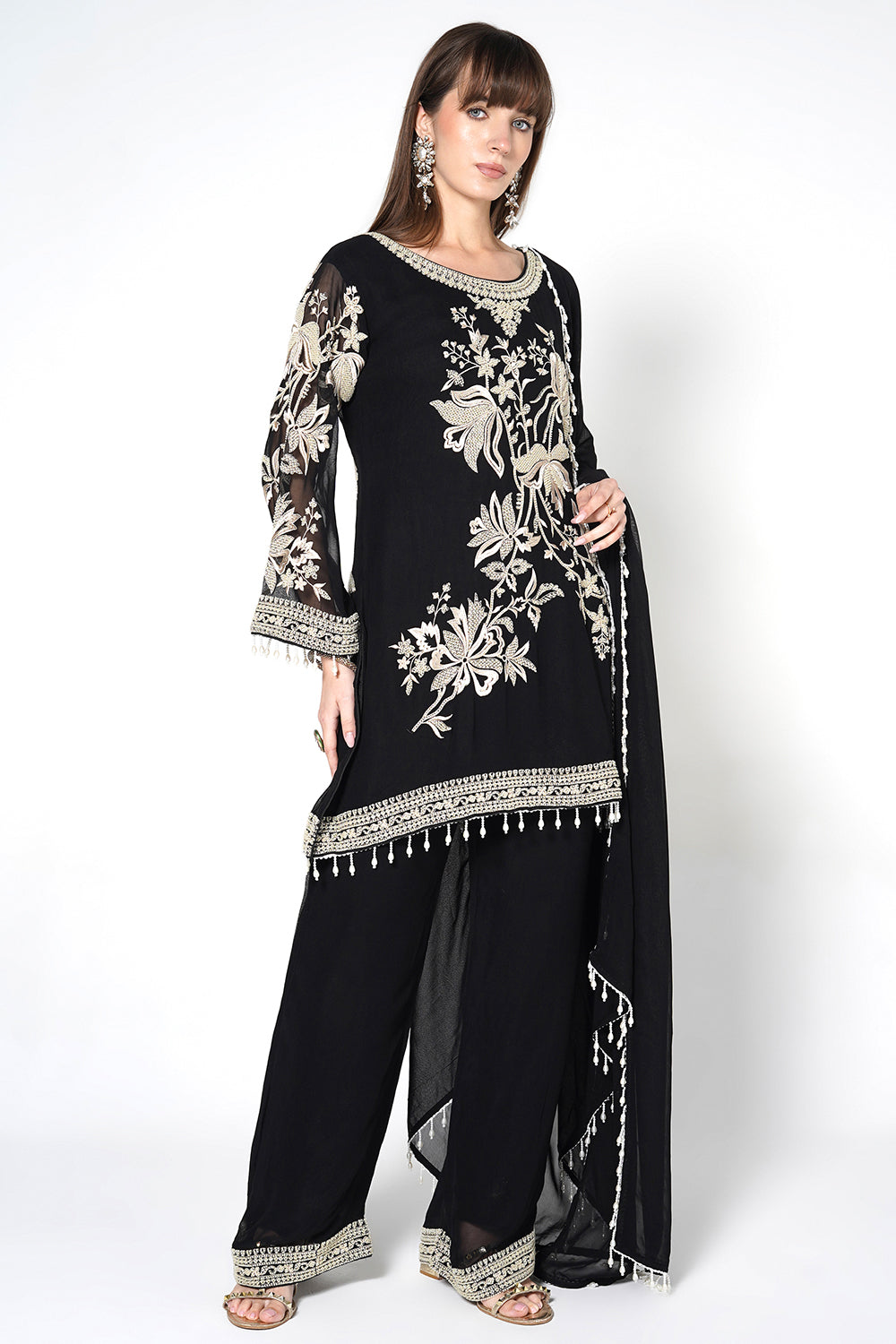 Mouse Grey Georgette Kurta Set With Contrast White Embroidery And Matching Dupatta