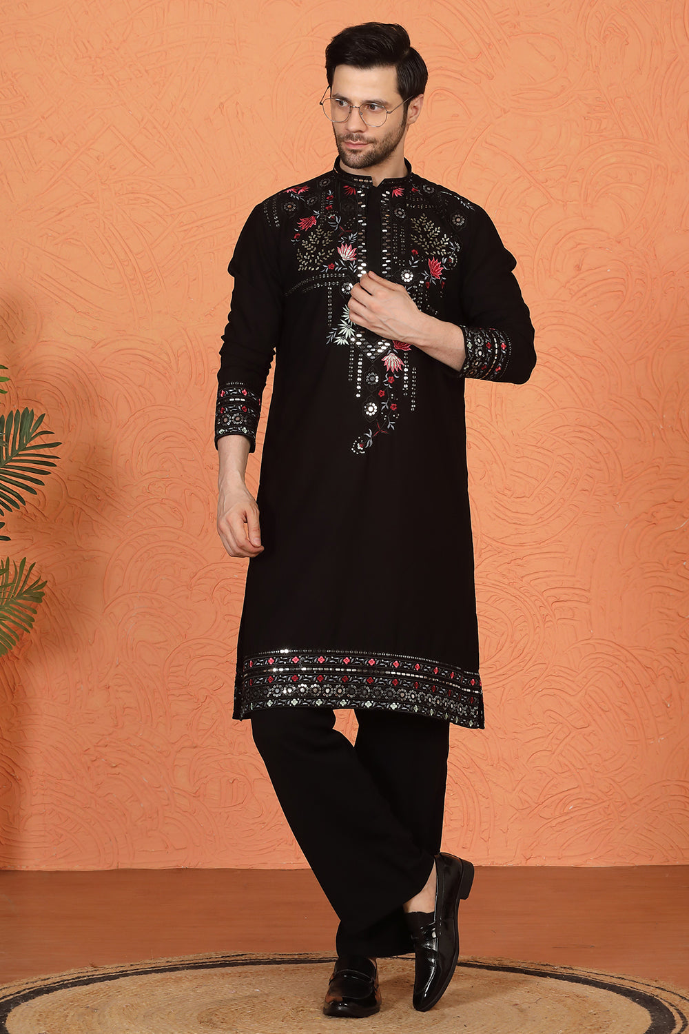 Multi Colored Flora Embroidered Kurta with Loose Fit Parallel Matching Pants