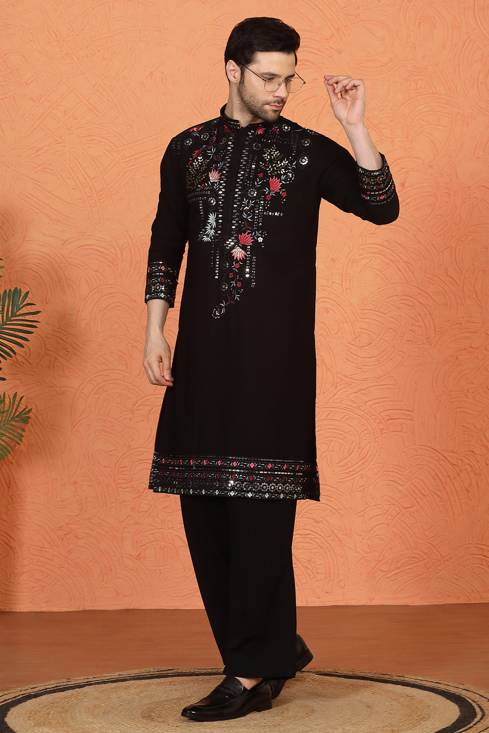Multi Colored Flora Embroidered Kurta with Loose Fit Parallel Matching Pants