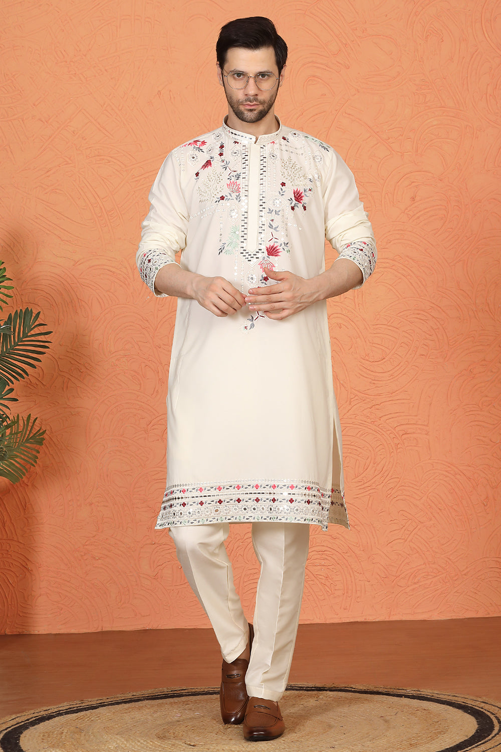 Multi Colored Flora Embroidered Kurta with Straight Fit Back Elastic Pants
