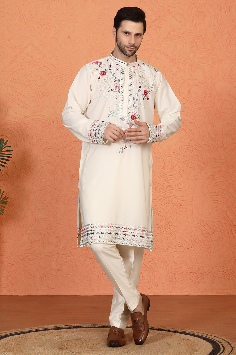 Multi Colored Flora Embroidered Kurta with Straight Fit Back Elastic Pants