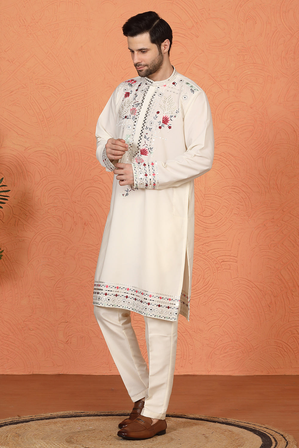 Multi Colored Flora Embroidered Kurta with Straight Fit Back Elastic Pants