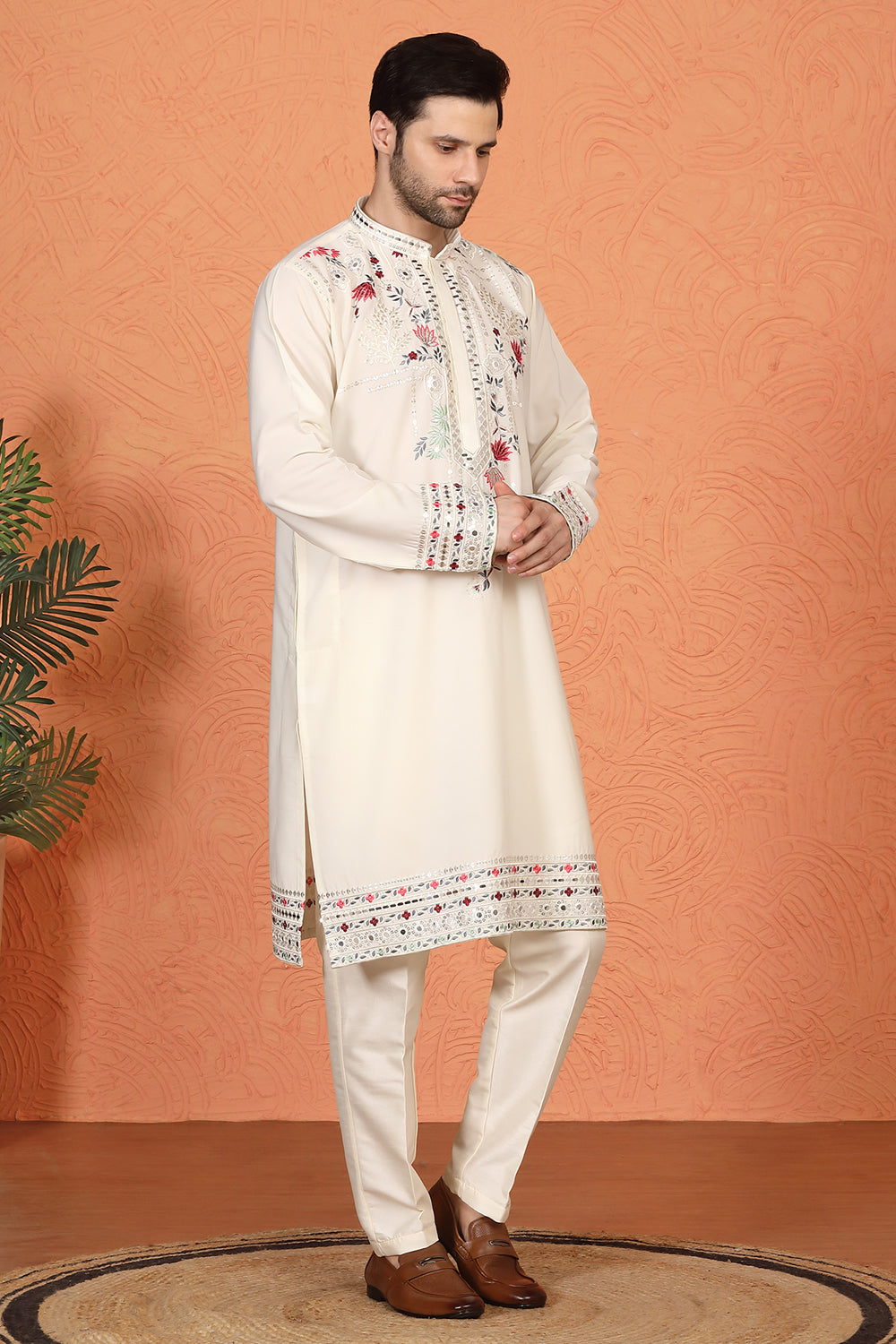 Multi Colored Flora Embroidered Kurta with Straight Fit Back Elastic Pants