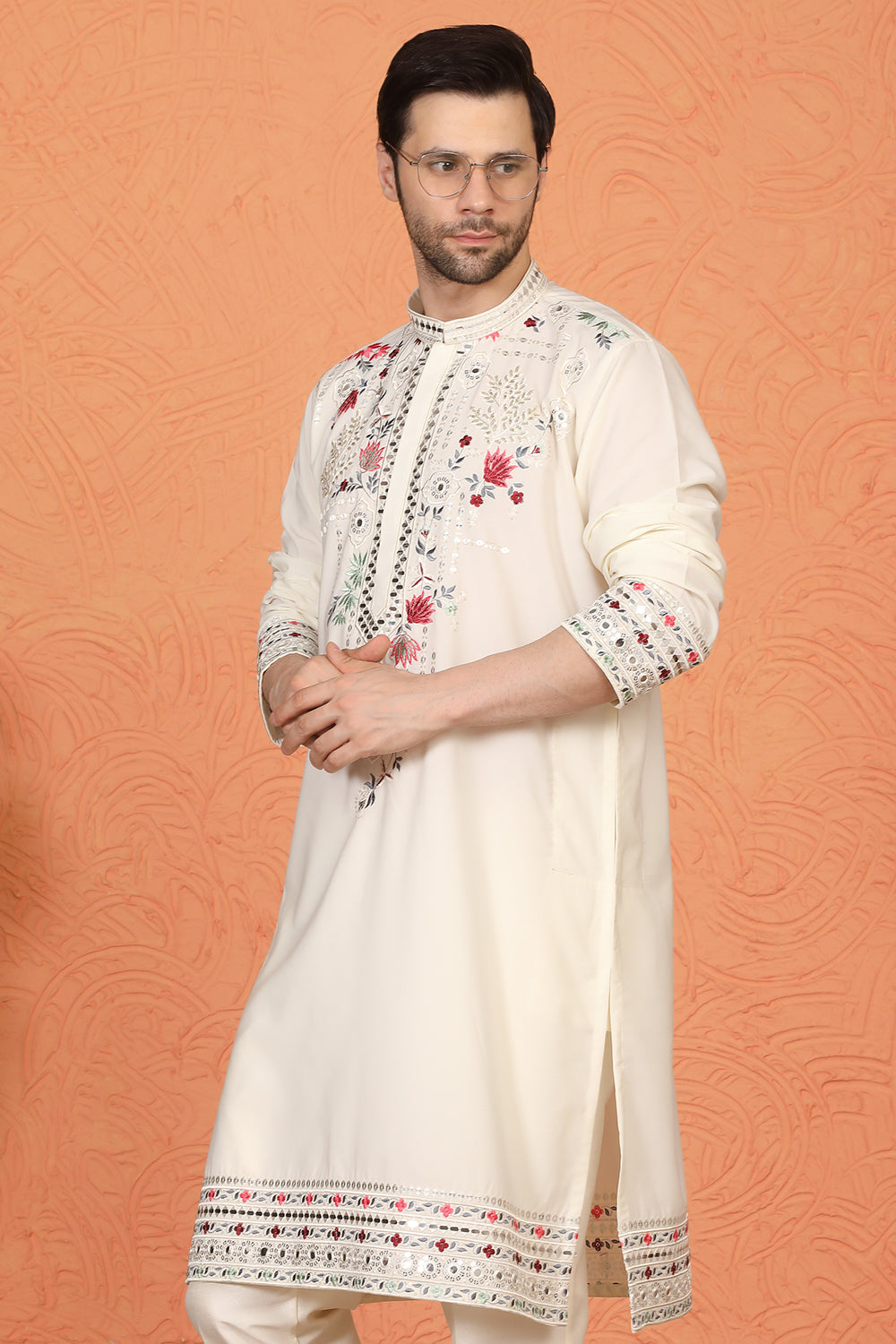 Multi Colored Flora Embroidered Kurta with Straight Fit Back Elastic Pants