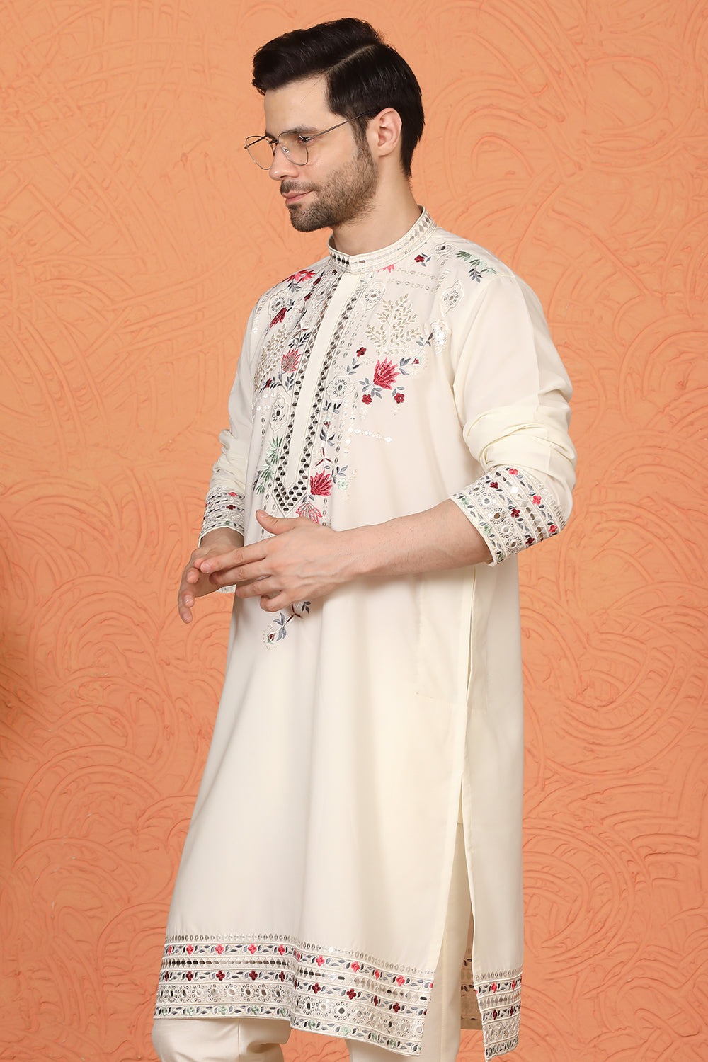 Multi Colored Flora Embroidered Kurta with Straight Fit Back Elastic Pants