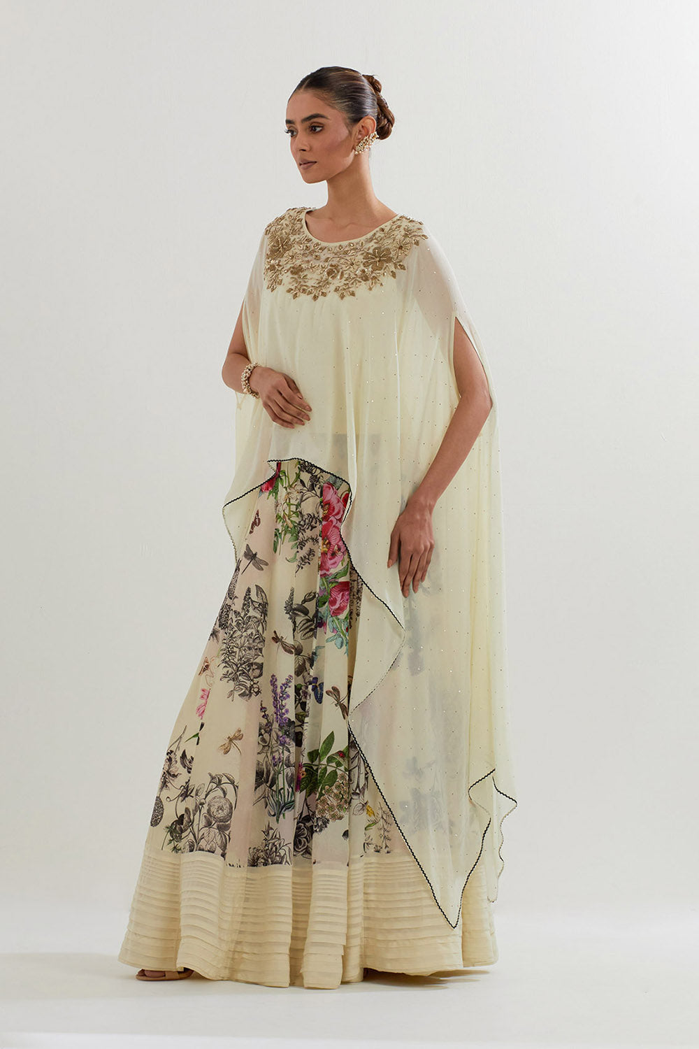 Multi Colour Botanical Printed Sharara With Dupatta Cape