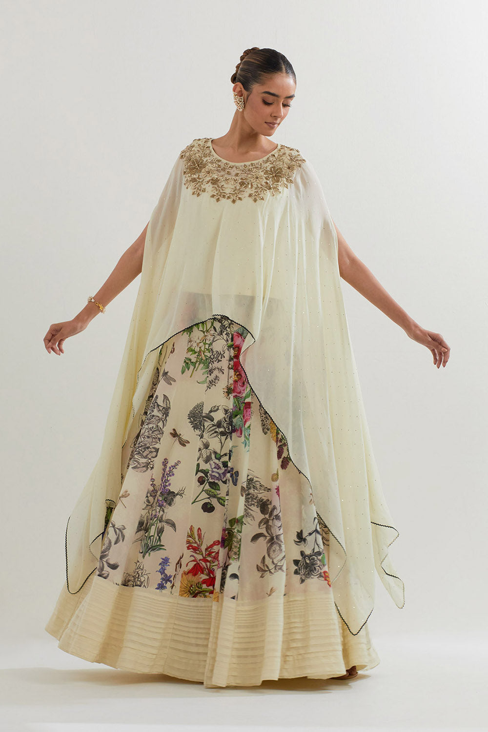 Multi Colour Botanical Printed Sharara With Dupatta Cape