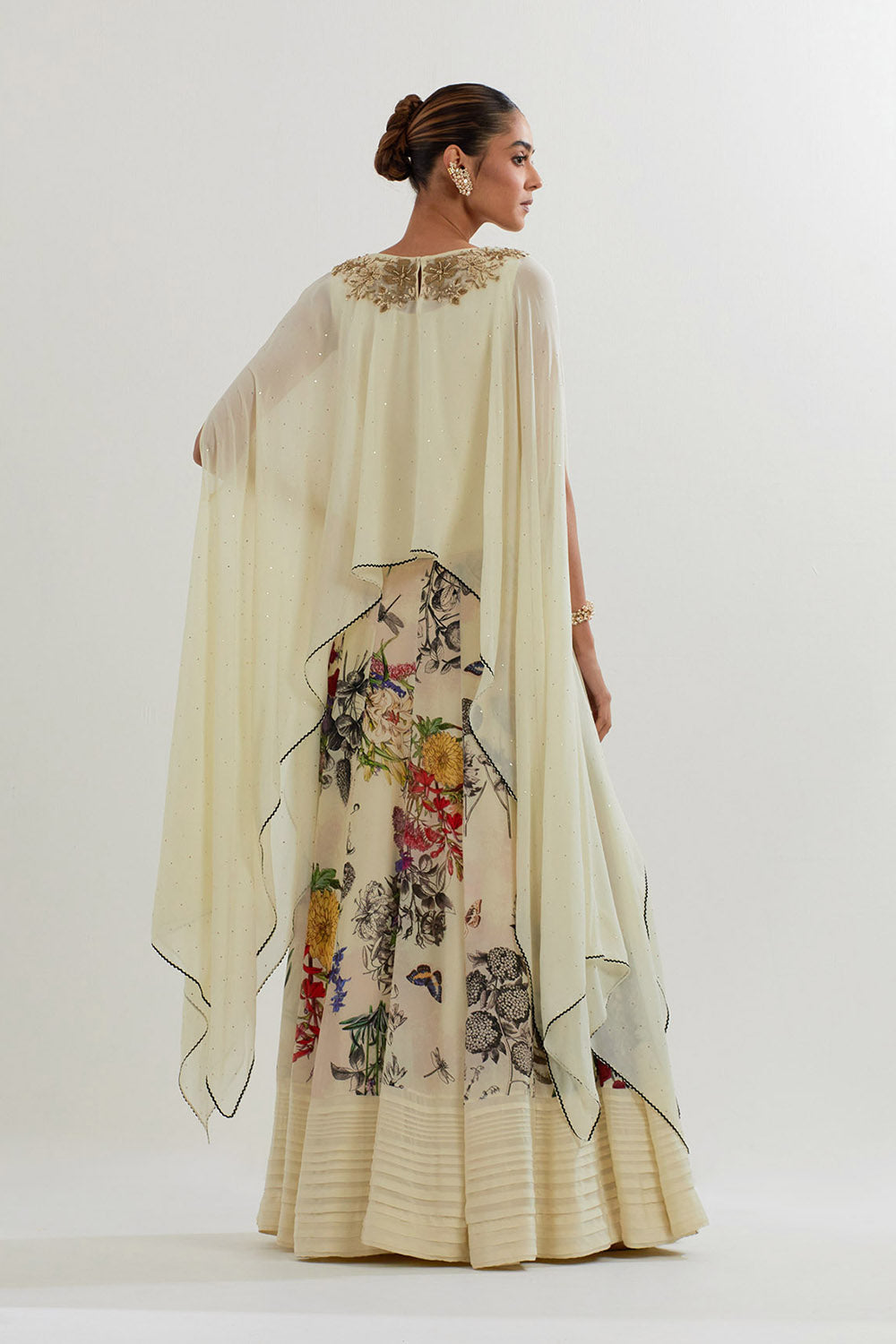 Multi Colour Botanical Printed Sharara With Dupatta Cape