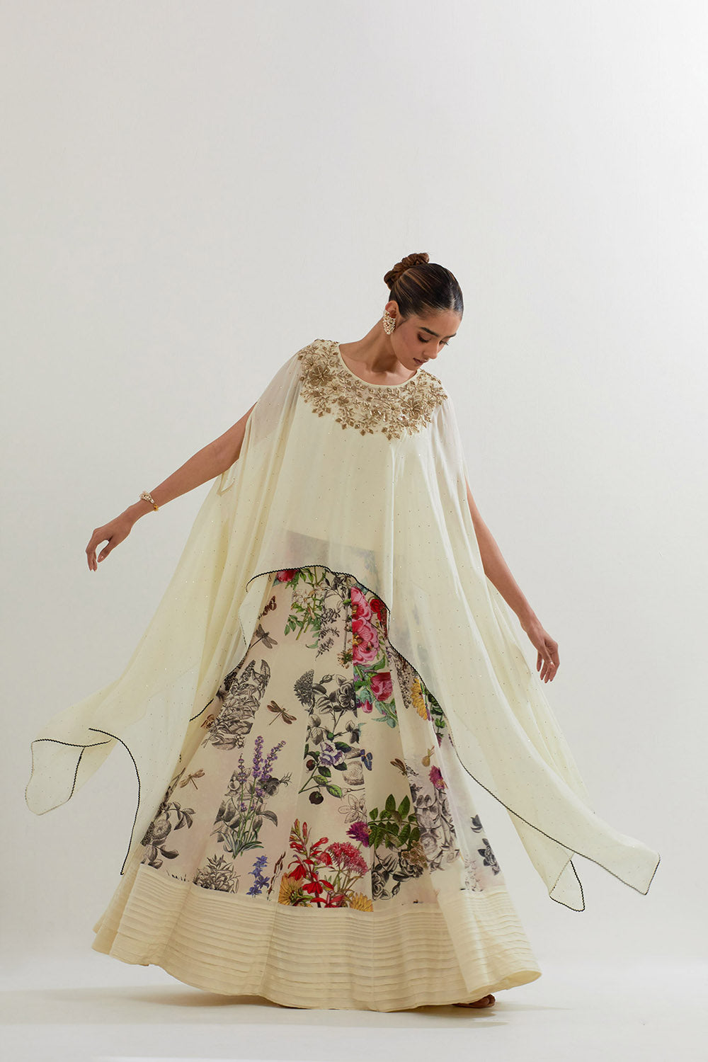 Multi Colour Botanical Printed Sharara With Dupatta Cape