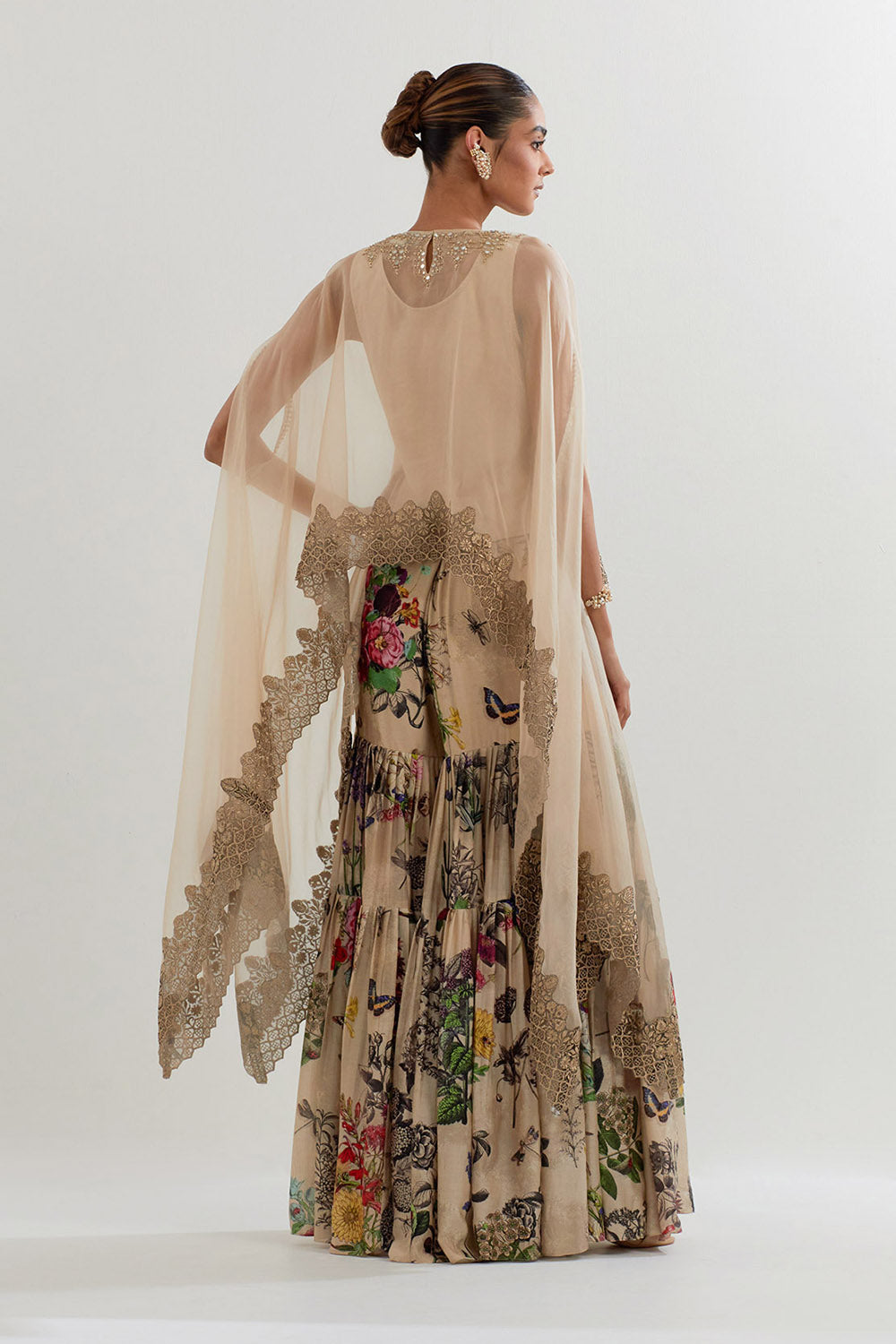 Multi Colour Botanical Printed Sharara With Dupatta Cape