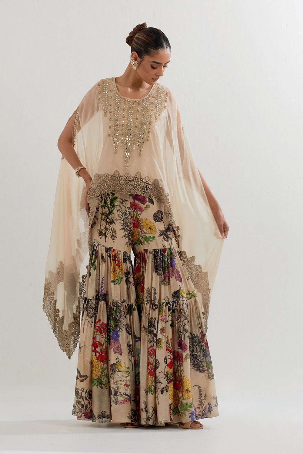 Multi Colour Botanical Printed Sharara With Dupatta Cape