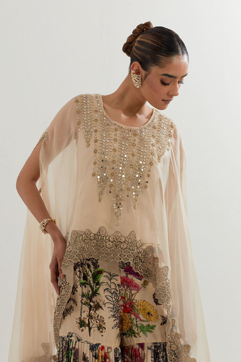 Multi Colour Botanical Printed Sharara With Dupatta Cape