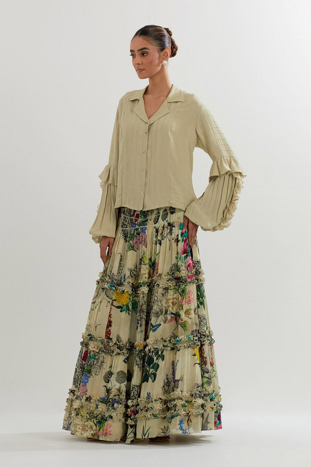 Multi Colour Botanical Printed Skirt With Ruffle Shirt
