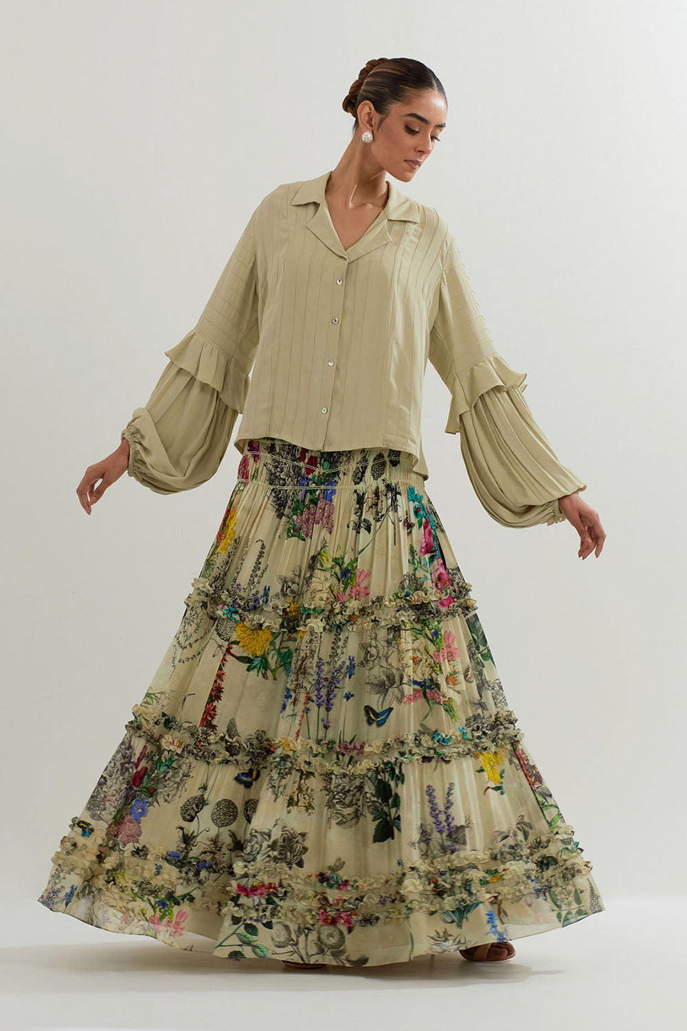 Multi Colour Botanical Printed Skirt With Ruffle Shirt