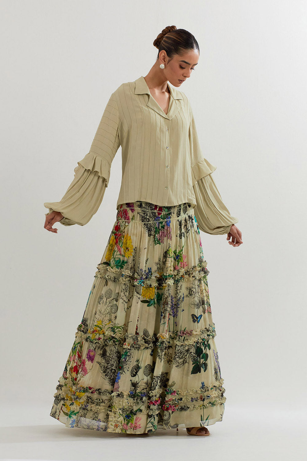 Multi Colour Botanical Printed Skirt With Ruffle Shirt