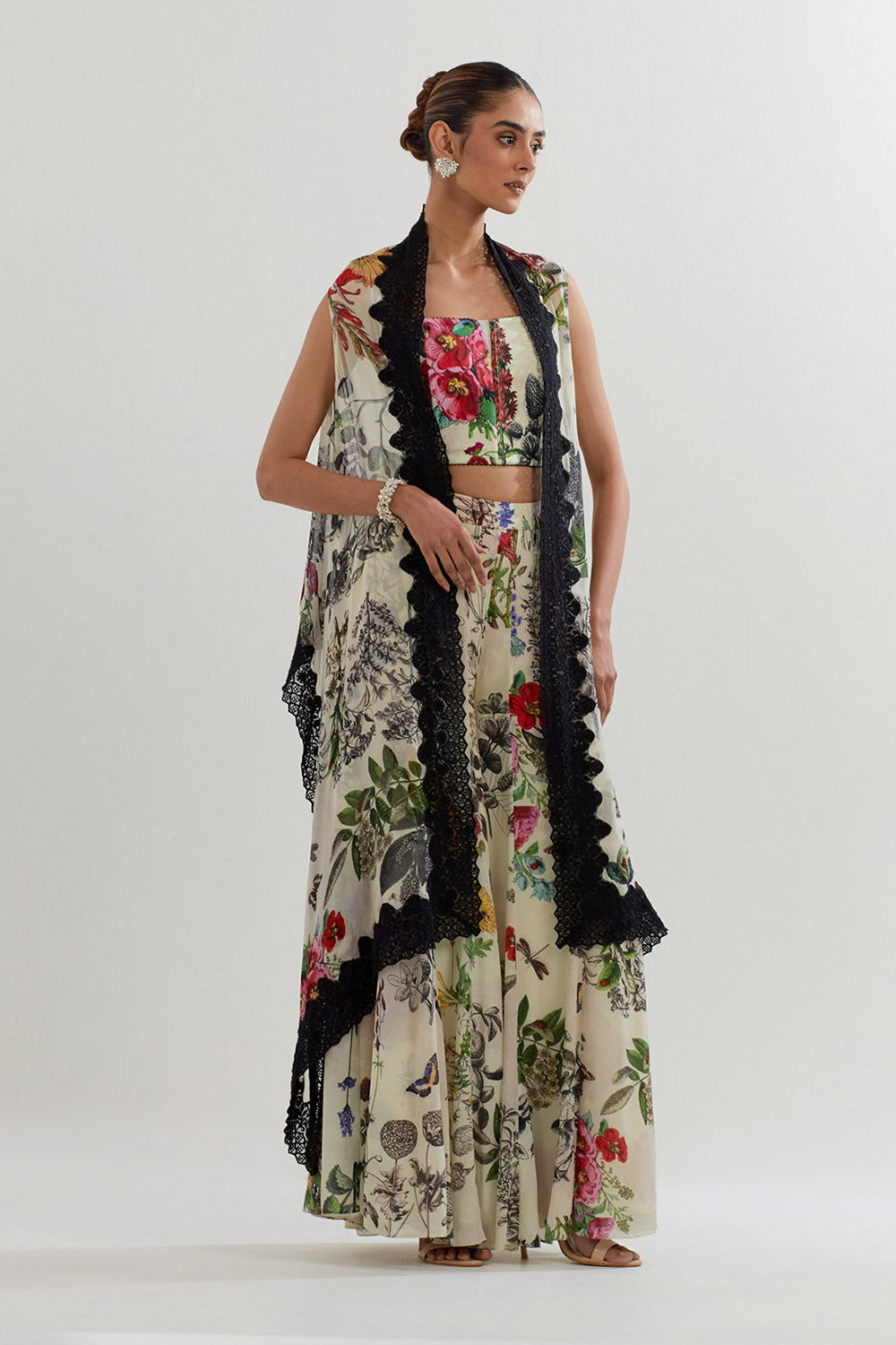 Multi Colour Cape With Bustier And Sharara