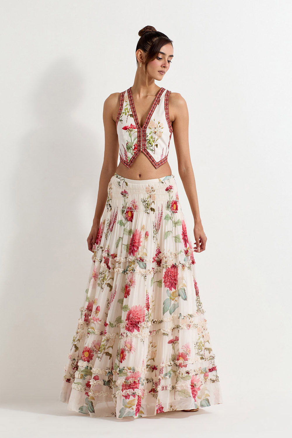 Multi Colour Georgette With Stretch Lycra Top With Skirt