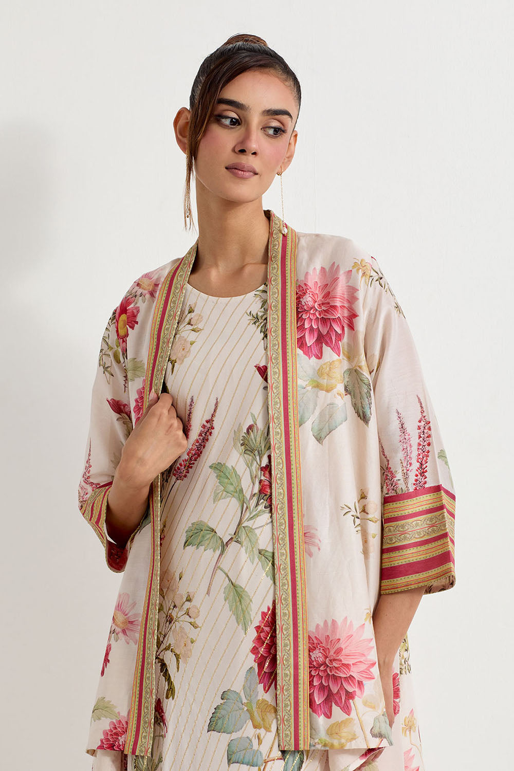Multi Colour Lurex Georgette With Chanderi Jacket With Dress