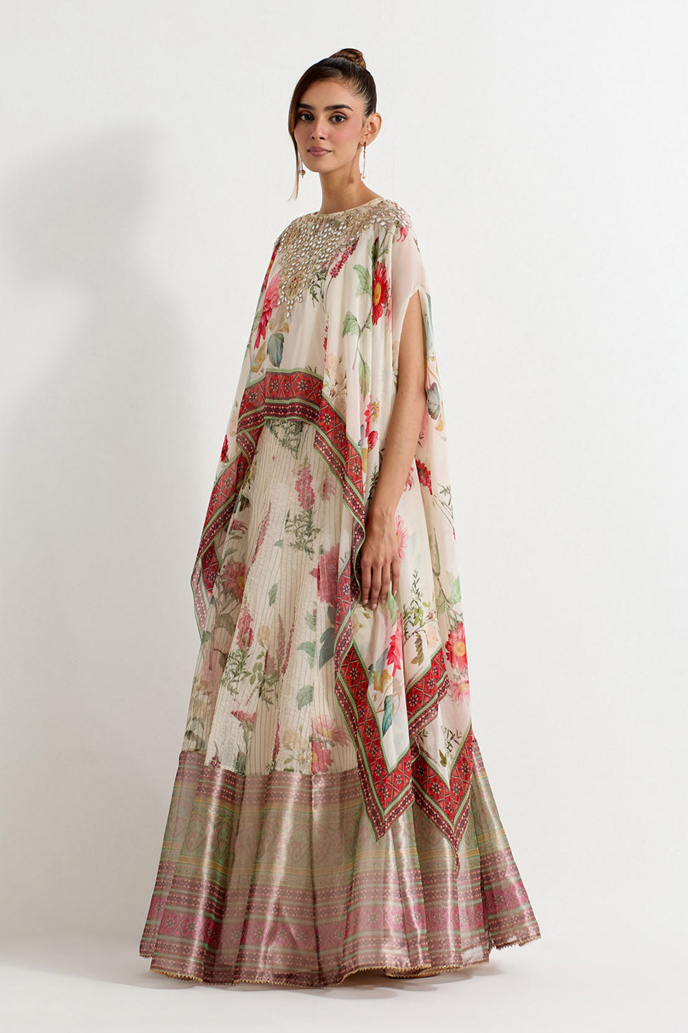 Multi Colour Organza With Stretch Lycra With Tissue Cape With Skirt