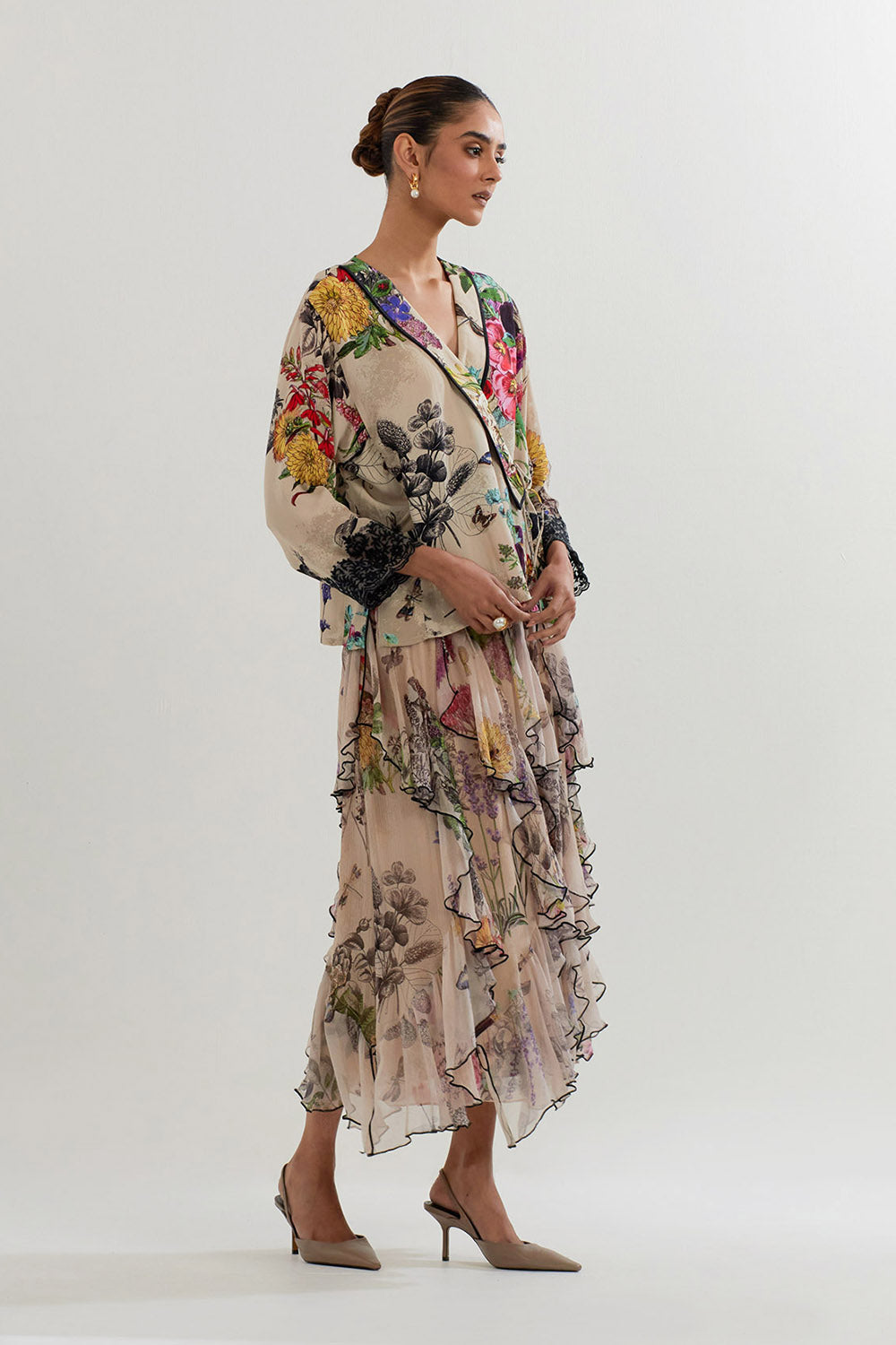 Multi Colour Wrap Blouse With Skirt