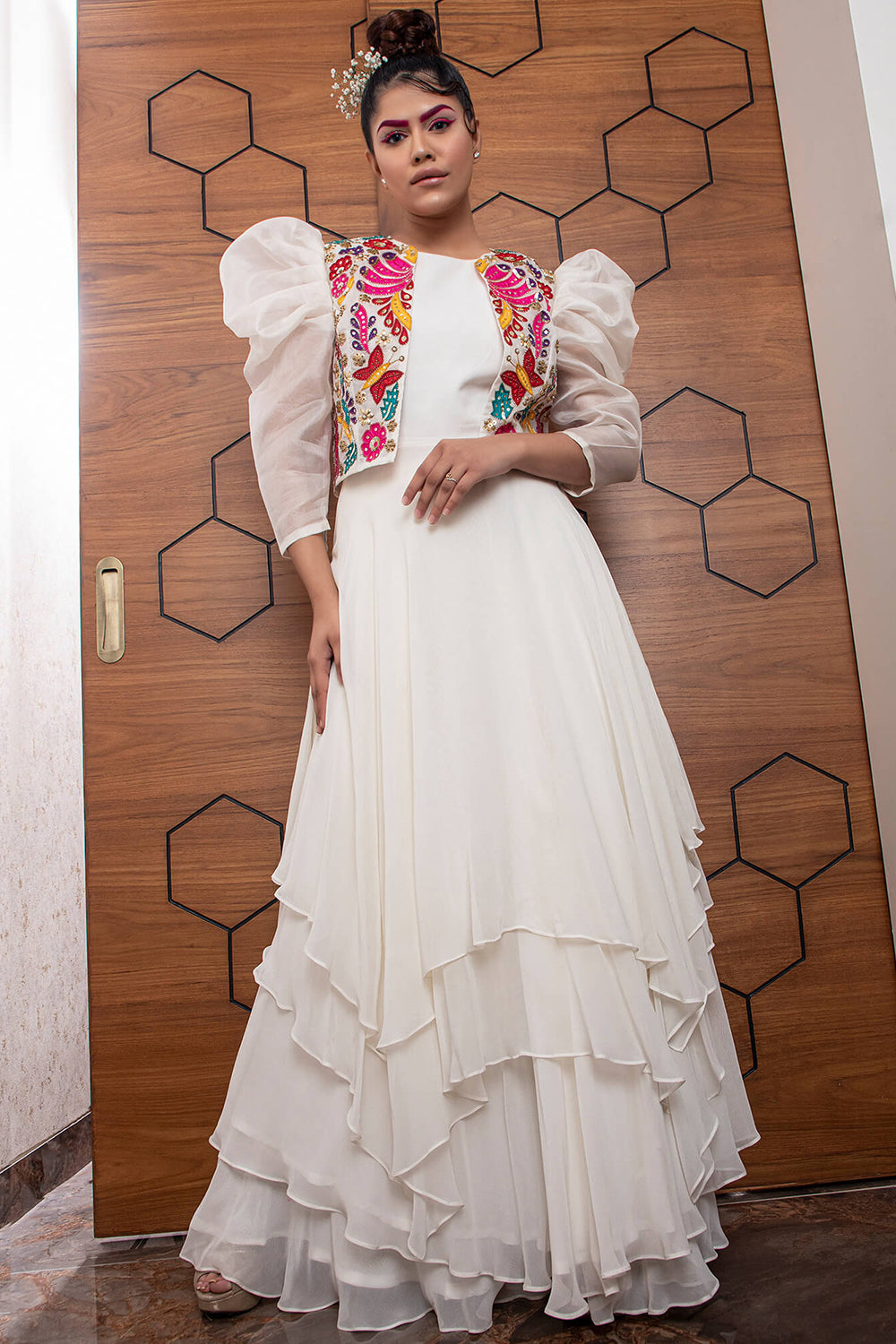 Multi-Layer Assymetrical Gown with Flare Pants and Embroidered Jacket