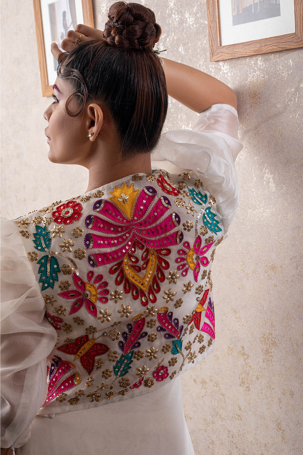 Multi-Layer Assymetrical Gown with Flare Pants and Embroidered Jacket