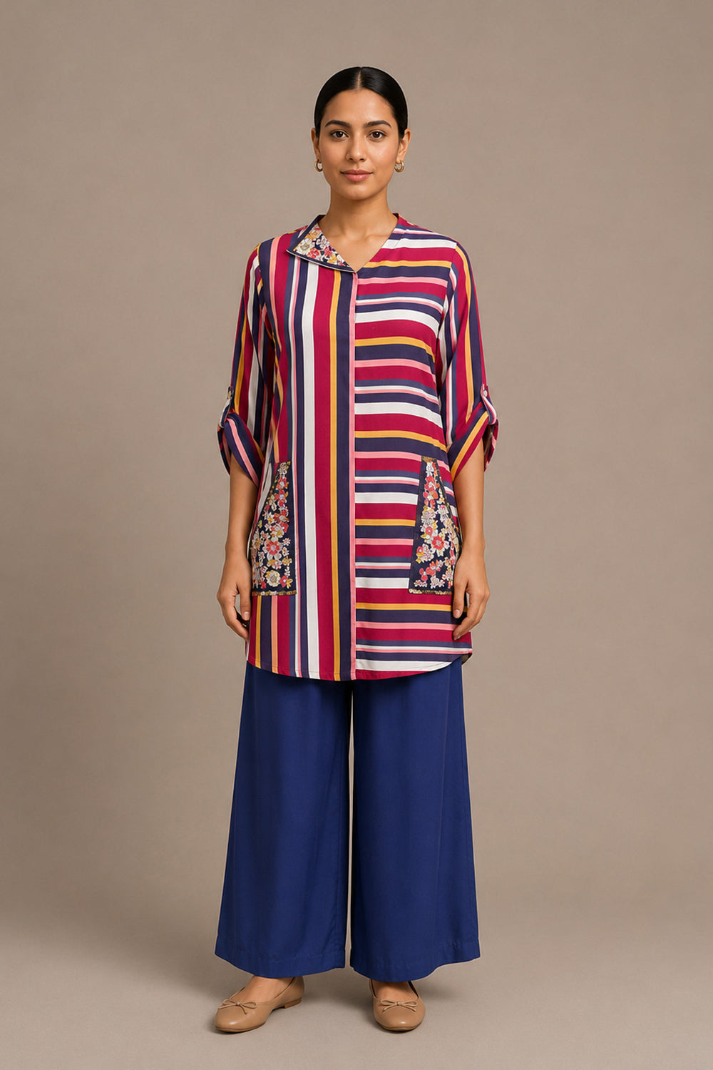 Multicolor Striped Tunic Co-Ord Set with Solid Wide-Leg Palazzo