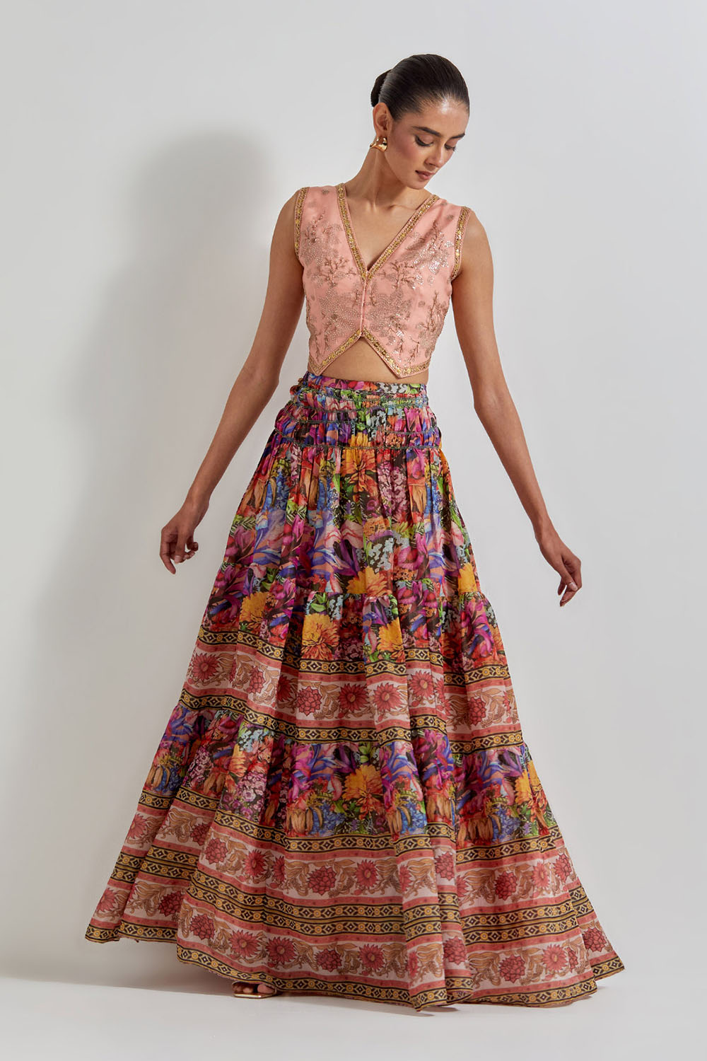 Multicolour Floirka Printed Skirt Paired With Organza Hand Embellished Waist Coat