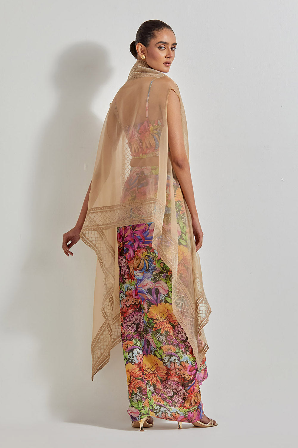 Multicolour Florika Drape Skirt And Bustier Paired With Organza Silk Cape With Emroidered Border