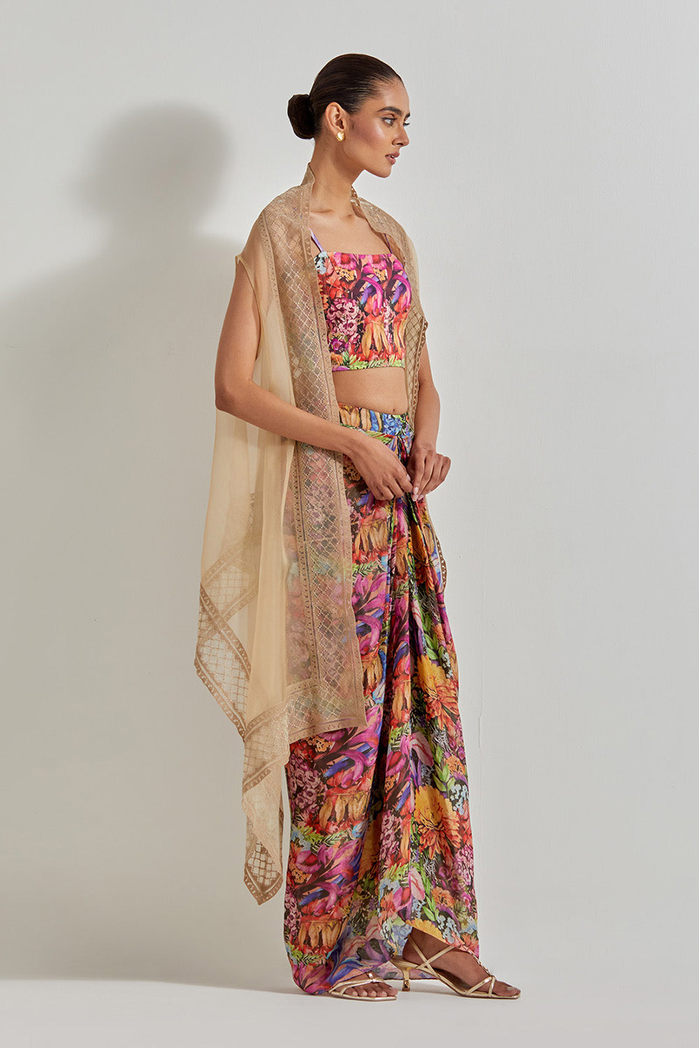 Multicolour Florika Drape Skirt And Bustier Paired With Organza Silk Cape With Emroidered Border
