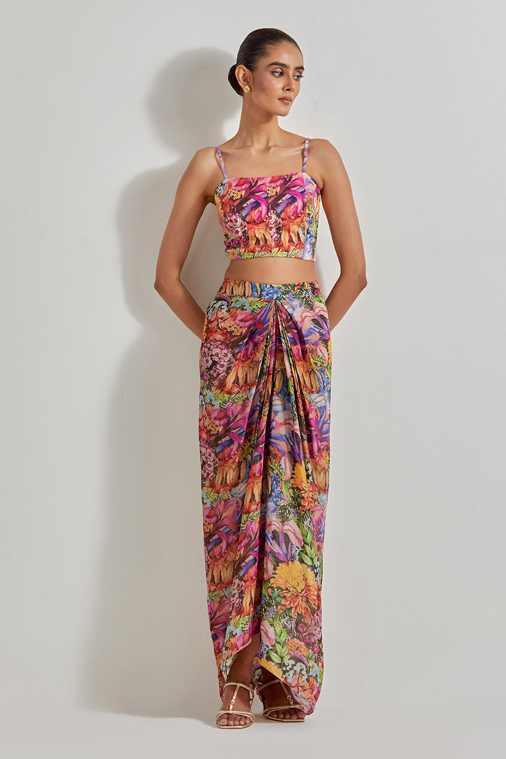 Multicolour Florika Drape Skirt And Bustier Paired With Organza Silk Cape With Emroidered Border