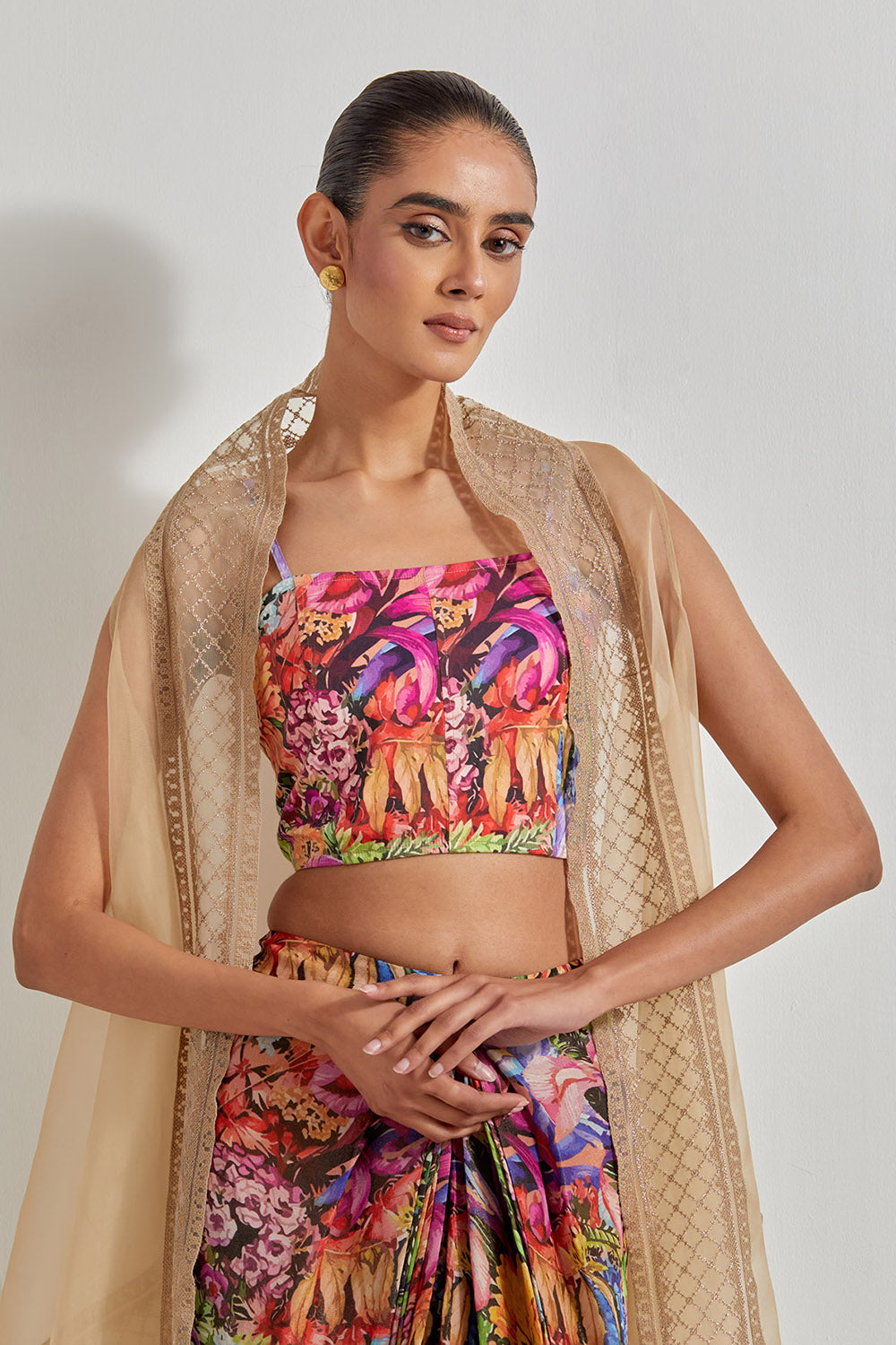 Multicolour Florika Drape Skirt And Bustier Paired With Organza Silk Cape With Emroidered Border
