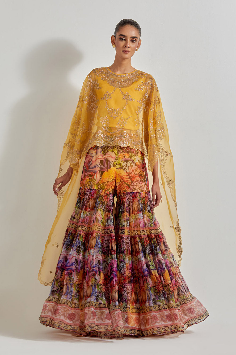 Multicolour Florika Organza Printed Sharara Paired With Organza Hand Embellished High Low Cape