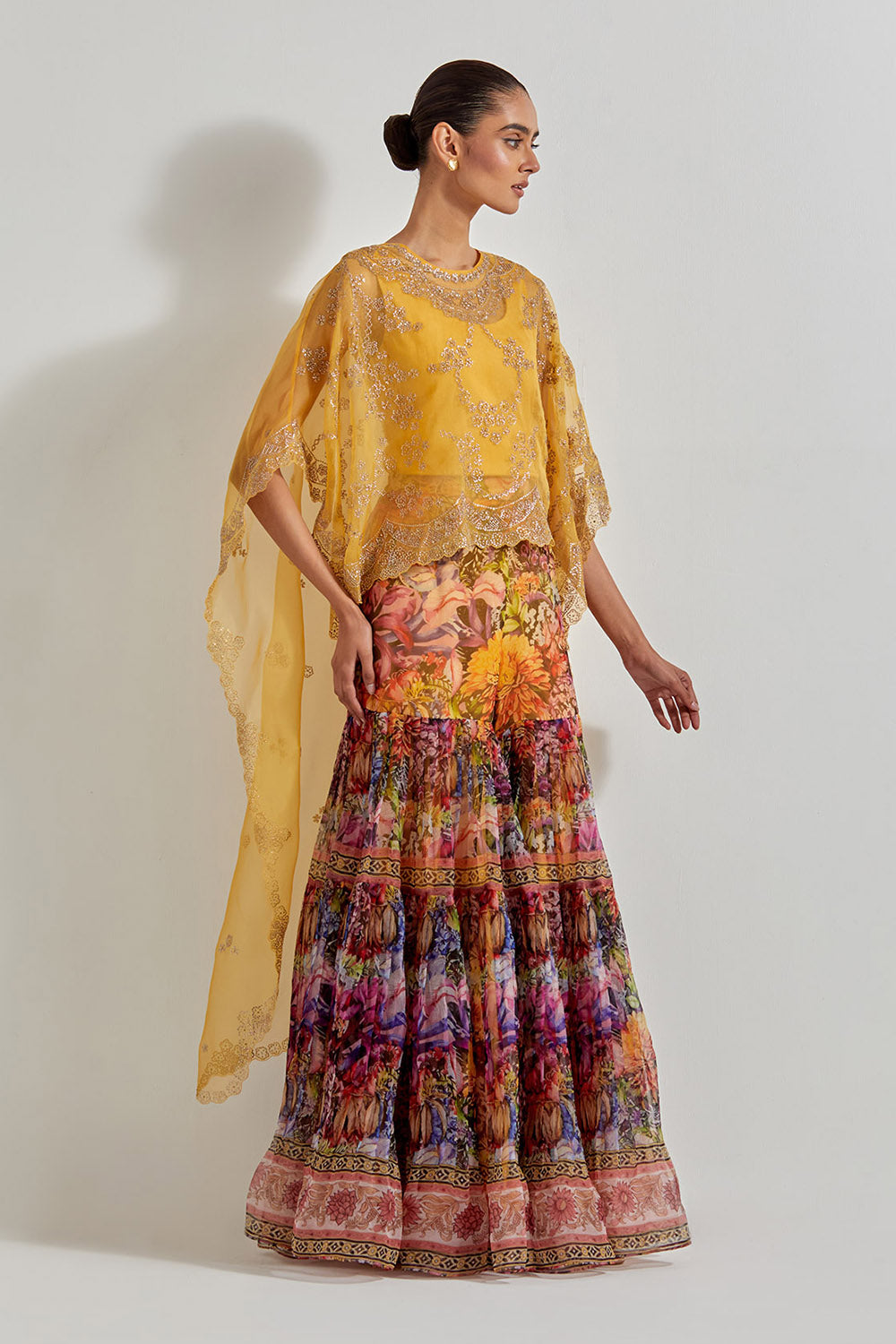 Multicolour Florika Organza Printed Sharara Paired With Organza Hand Embellished High Low Cape