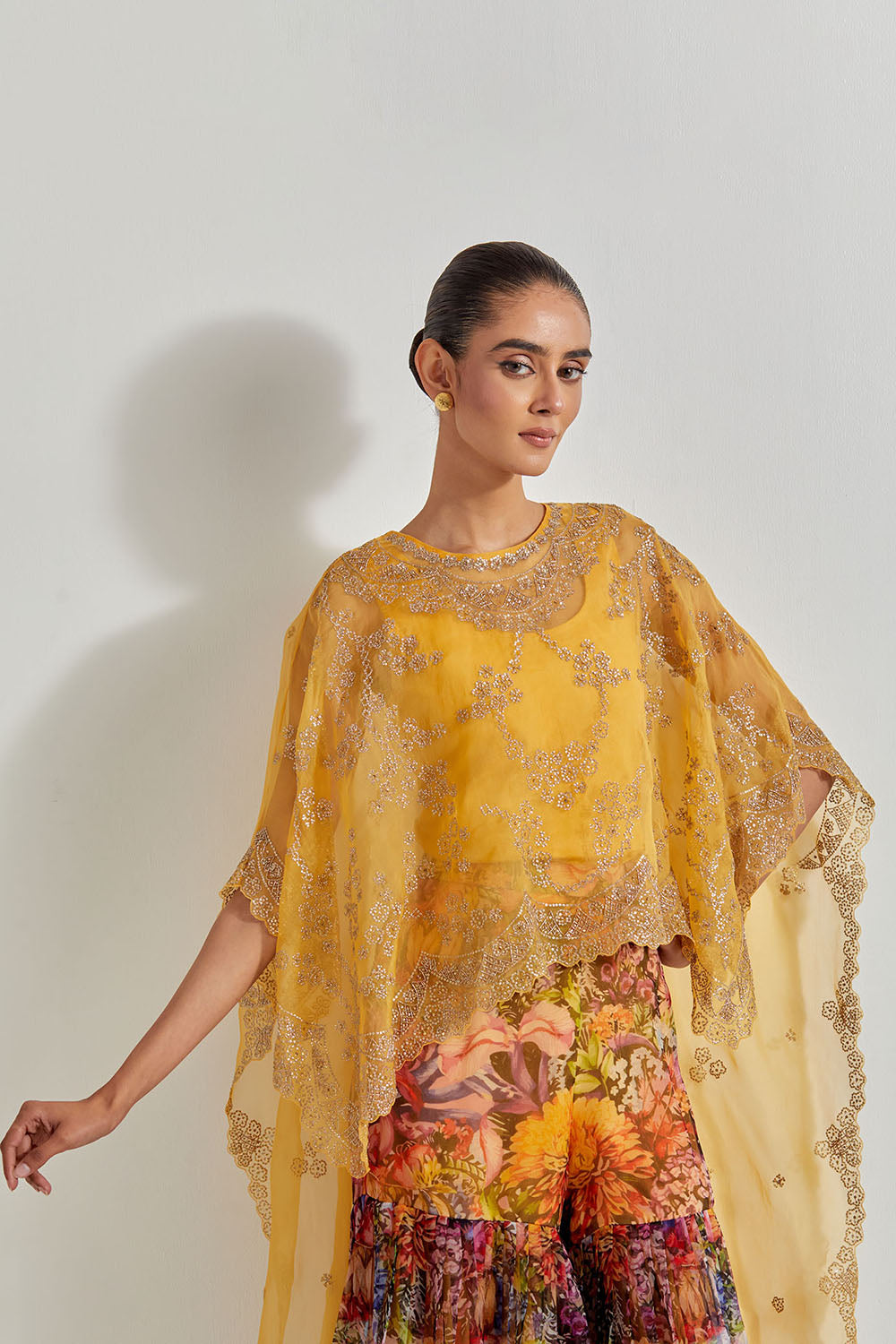 Multicolour Florika Organza Printed Sharara Paired With Organza Hand Embellished High Low Cape