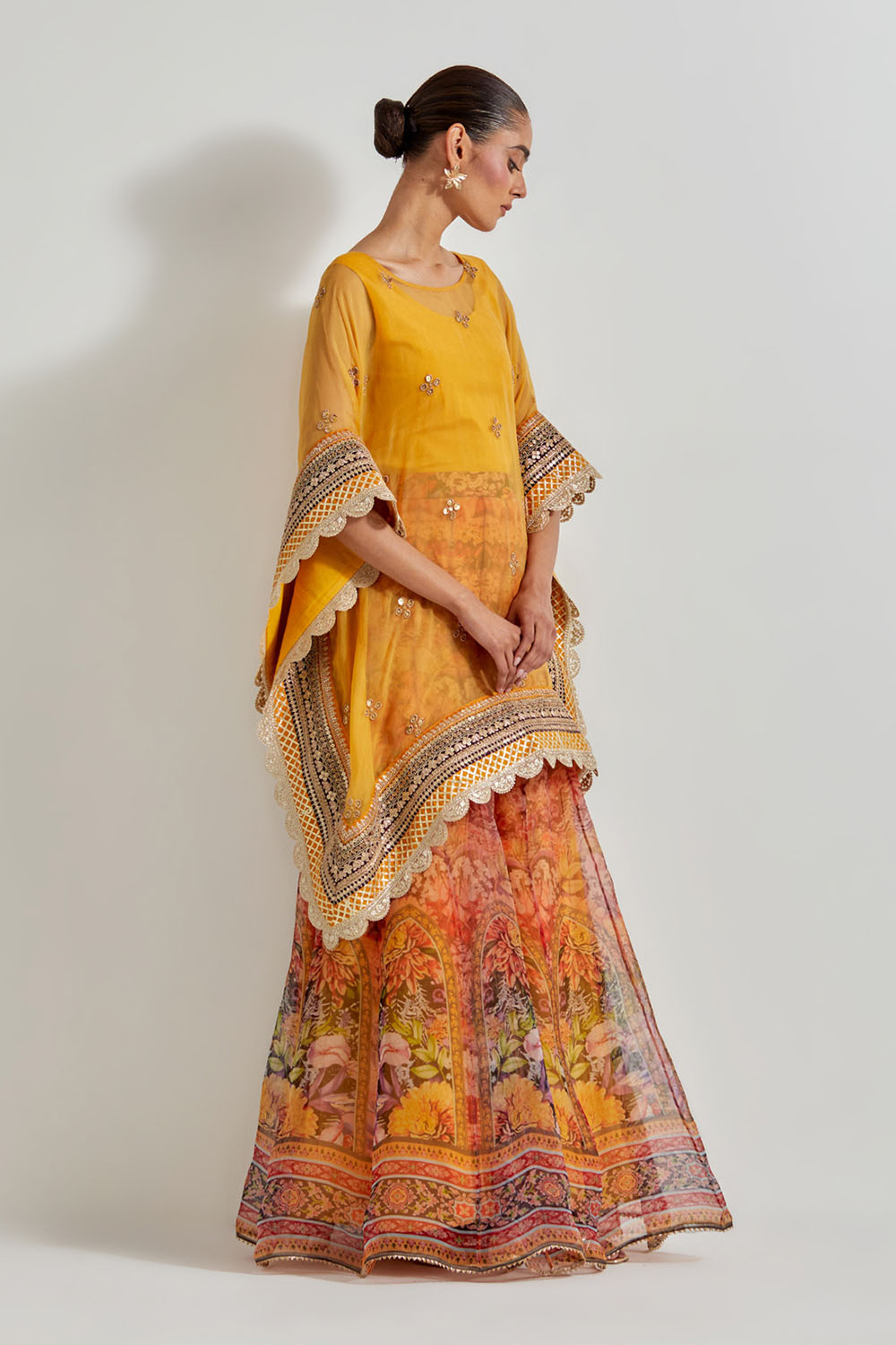 Multicolour Florika Organza Printed Sharara Paired With Organza Kaftan Tunic
