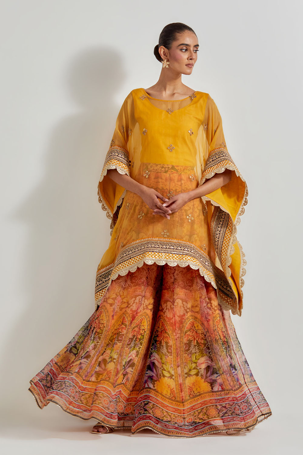 Multicolour Florika Organza Printed Sharara Paired With Organza Kaftan Tunic