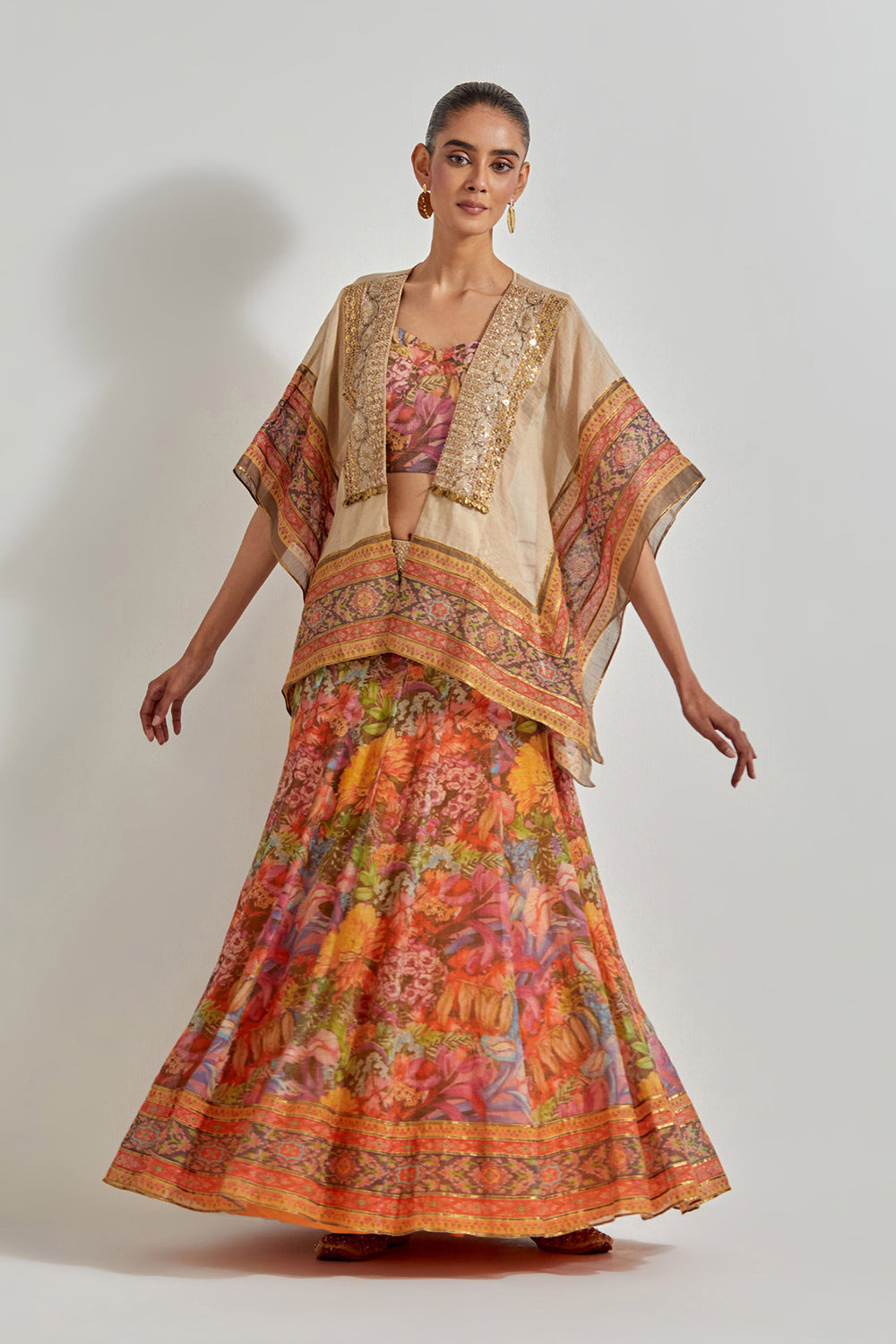 Multicolour Florika Organza Printed Skirt Paired With Hand Embellished Cape