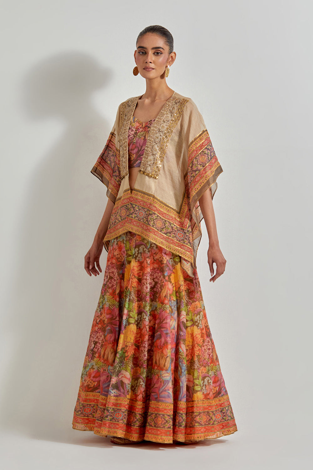 Multicolour Florika Organza Printed Skirt Paired With Hand Embellished Cape