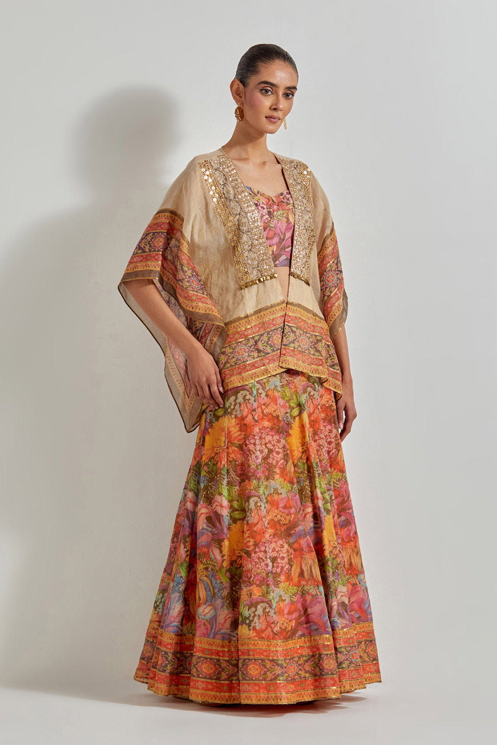 Multicolour Florika Organza Printed Skirt Paired With Hand Embellished Cape