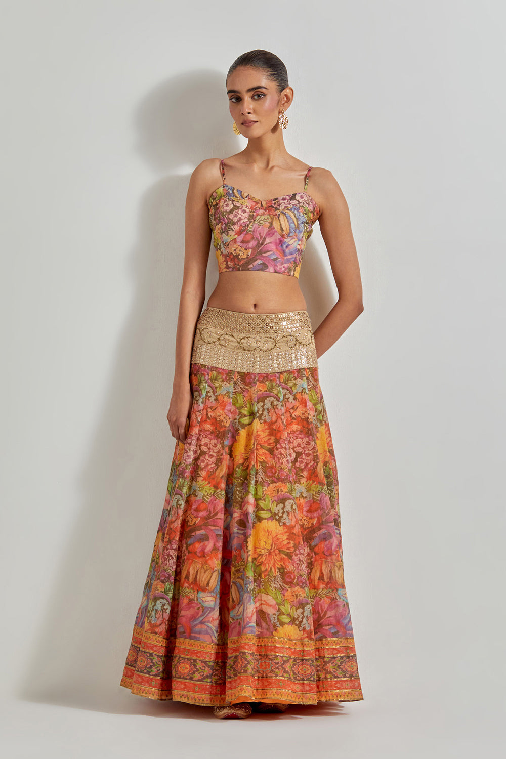 Multicolour Florika Organza Printed Skirt Paired With Hand Embellished Cape