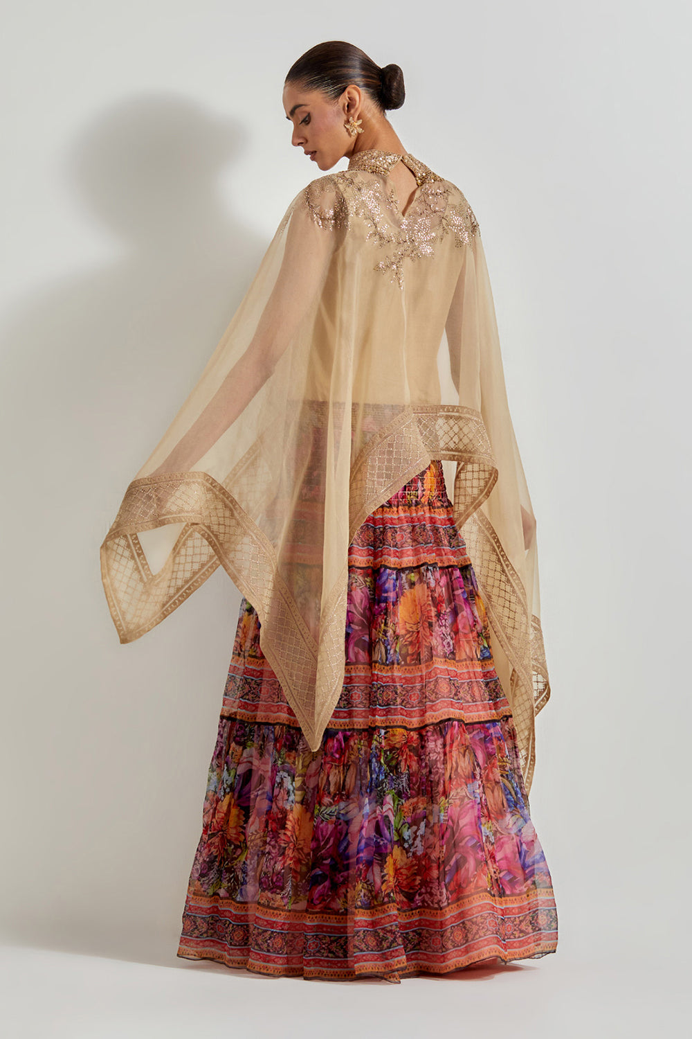 Multicolour Florika Organza Printed Skirt Paired With Hand Embellished Cape