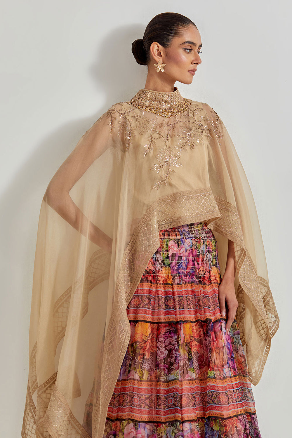 Multicolour Florika Organza Printed Skirt Paired With Hand Embellished Cape