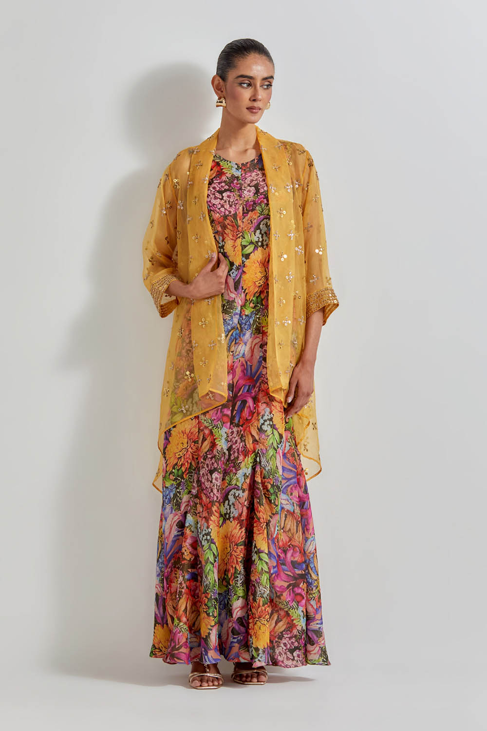 Multicolour Florika Printed Drape Dress Paired With Silk Organza Hand Embellished Cape Jacket