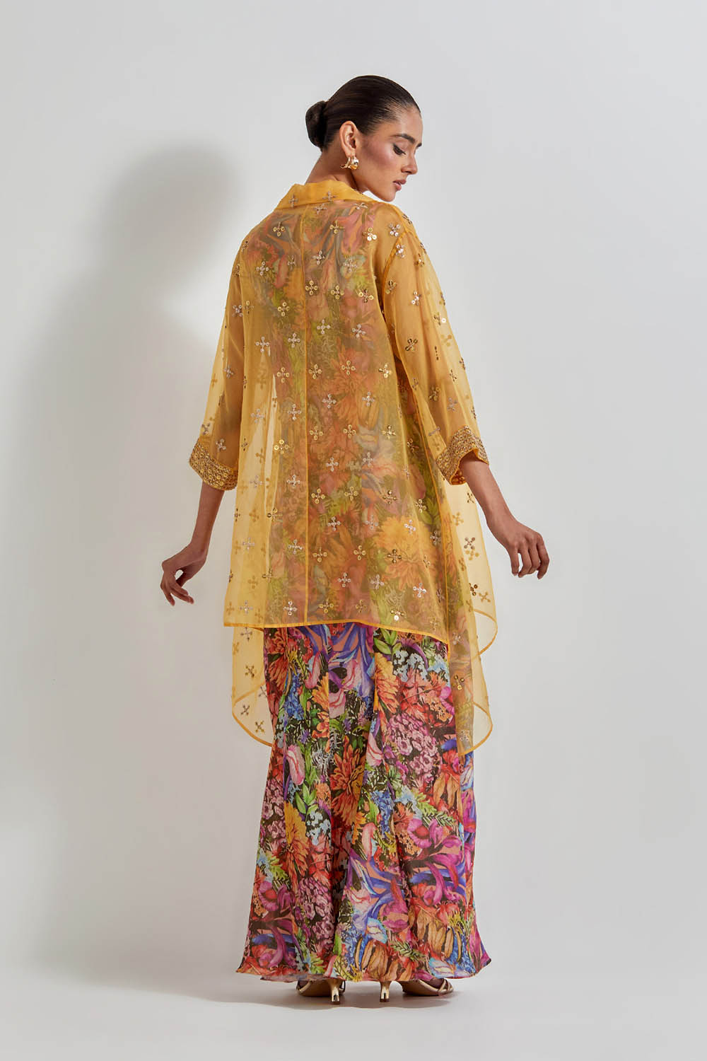 Multicolour Florika Printed Drape Dress Paired With Silk Organza Hand Embellished Cape Jacket